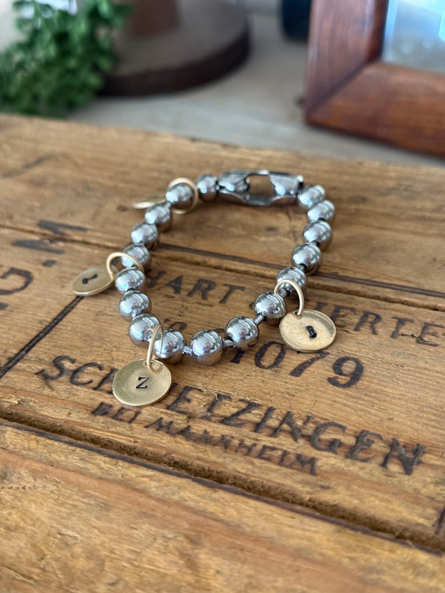 Chunky Stainless Steel Bracelet with a Hand Stamped Initial Coin Brass Charm FREE SHIPPING