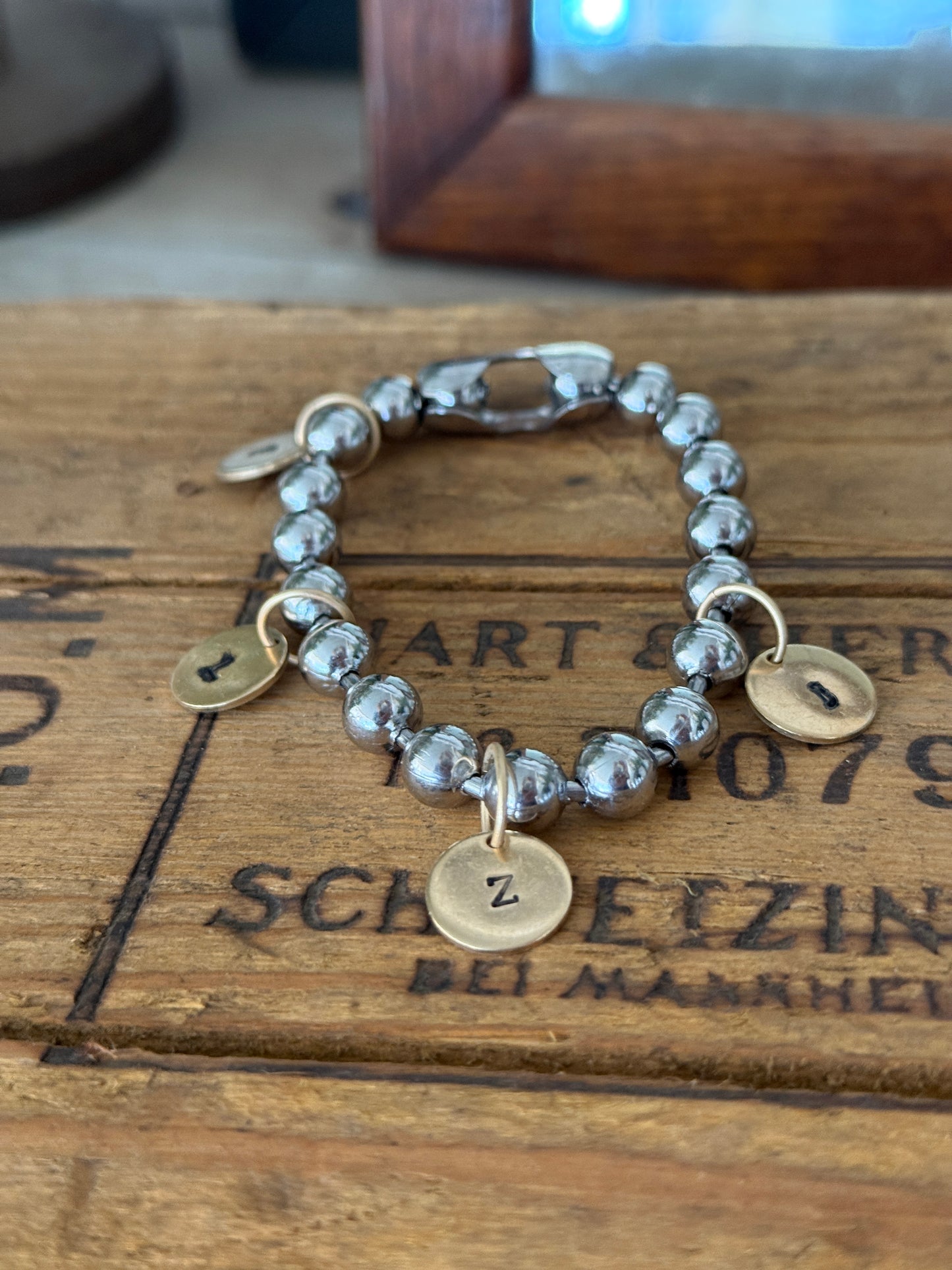 Chunky Stainless Steel Bracelet with a Hand Stamped Initial Coin Brass Charm FREE SHIPPING