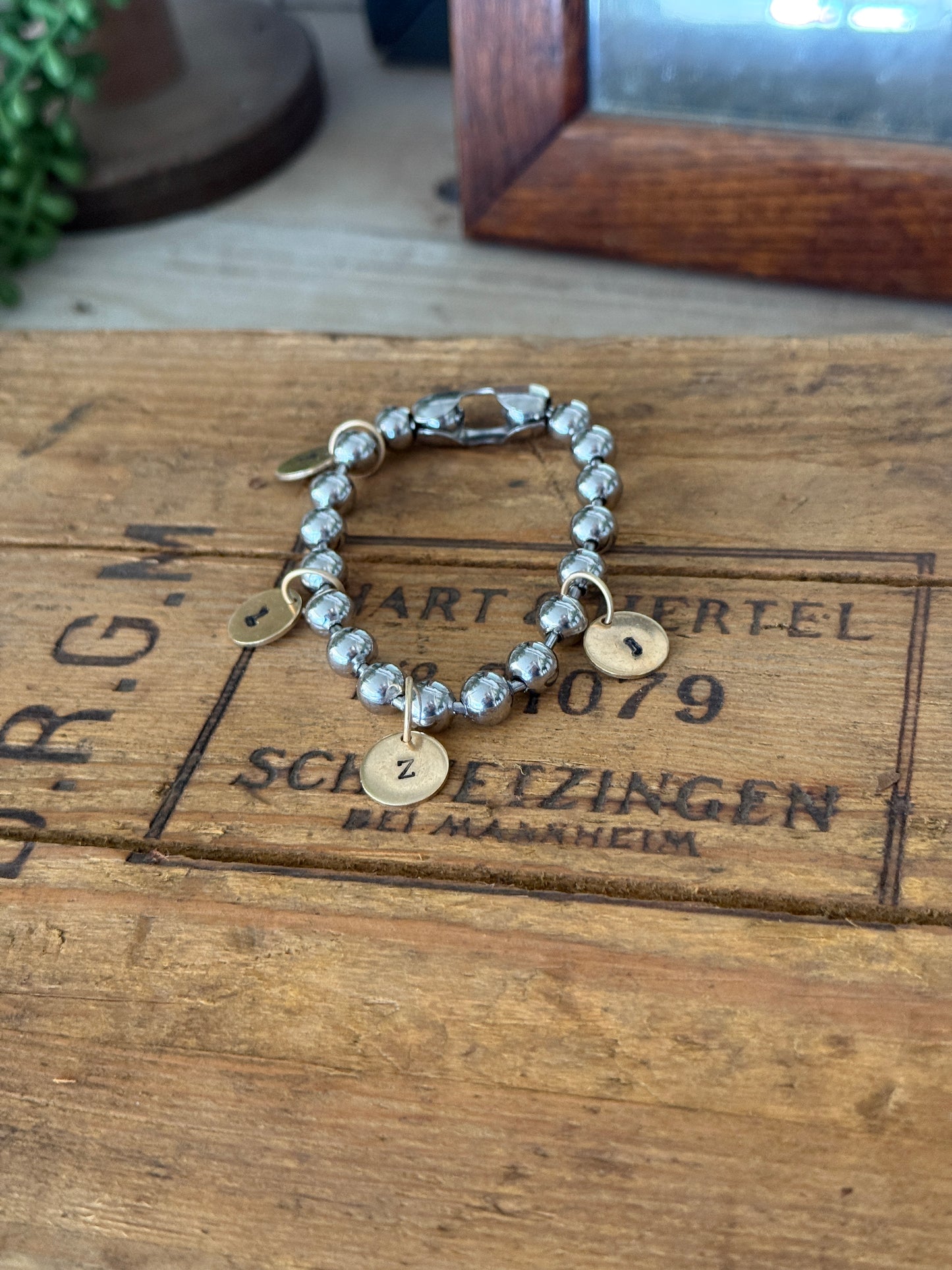 Chunky Stainless Steel Bracelet with a Hand Stamped Initial Coin Brass Charm FREE SHIPPING