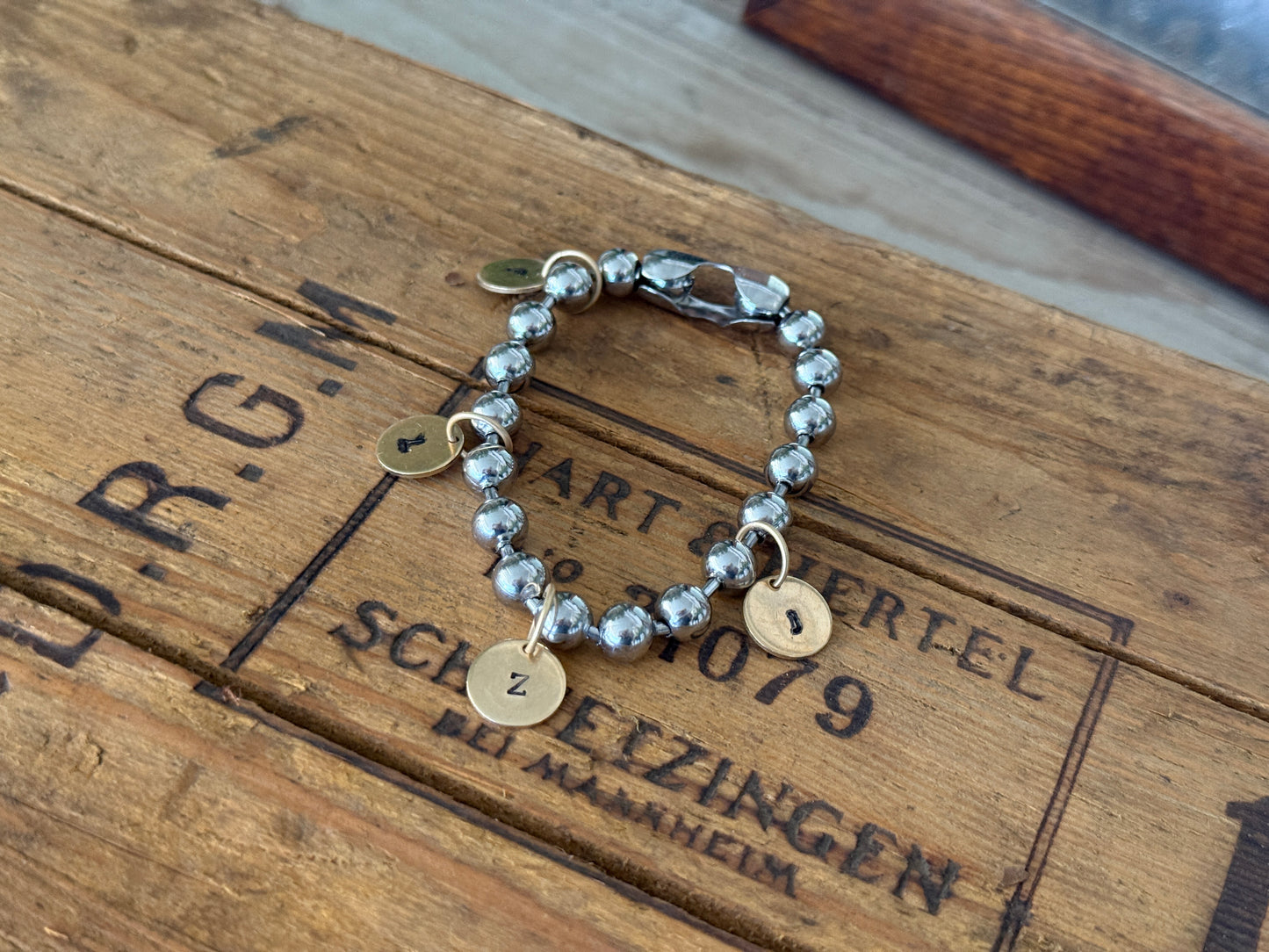 Chunky Stainless Steel Bracelet with a Hand Stamped Initial Coin Brass Charm FREE SHIPPING