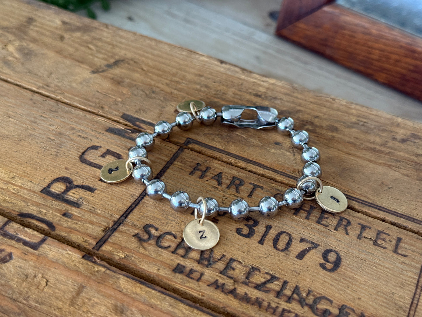 Chunky Stainless Steel Bracelet with a Hand Stamped Initial Coin Brass Charm FREE SHIPPING