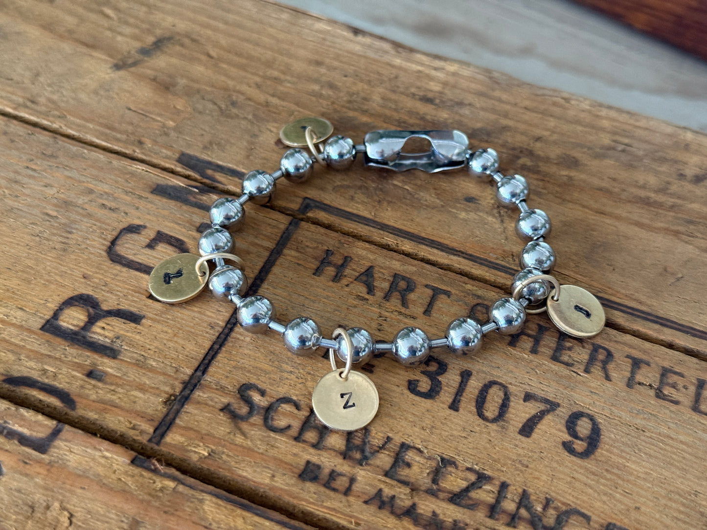 Chunky Stainless Steel Bracelet with a Hand Stamped Initial Coin Brass Charm FREE SHIPPING