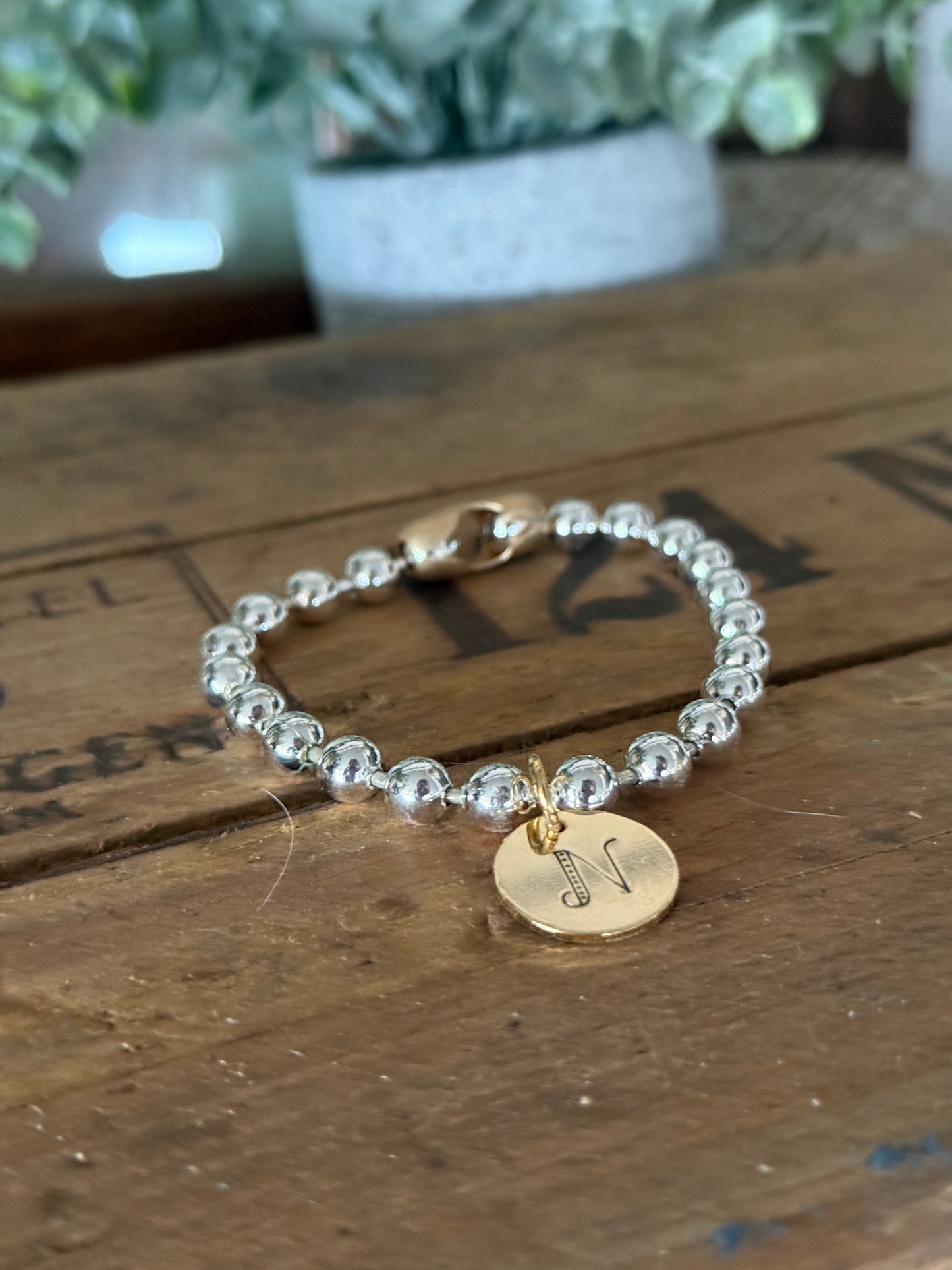 Chunky Stainless Steel Bracelet, Gold clasp with a Hand Stamped Initial Coin Brass Charm FREE SHIPPING