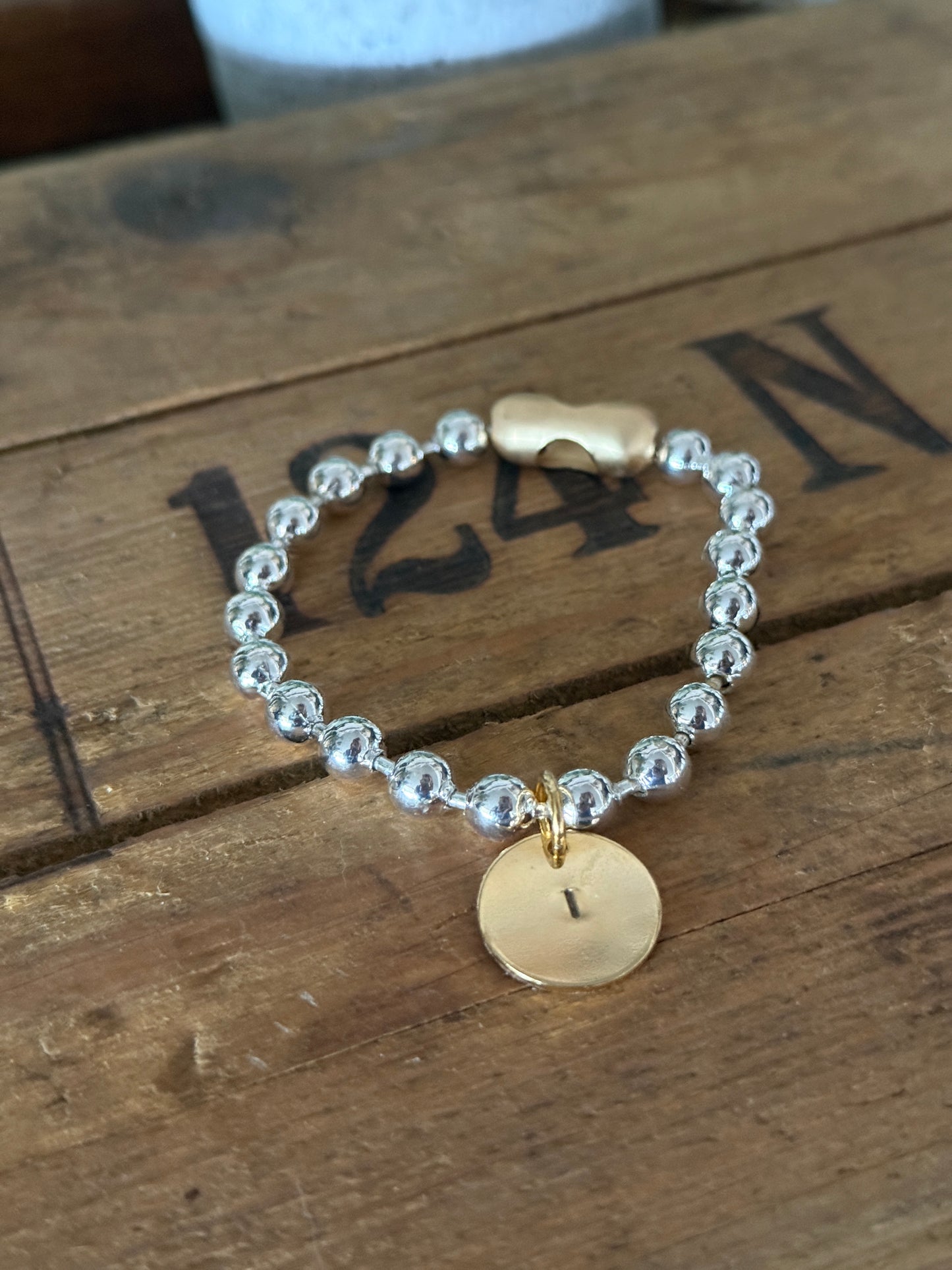 Chunky Stainless Steel Bracelet, Gold clasp with a Hand Stamped Initial Coin Brass Charm FREE SHIPPING