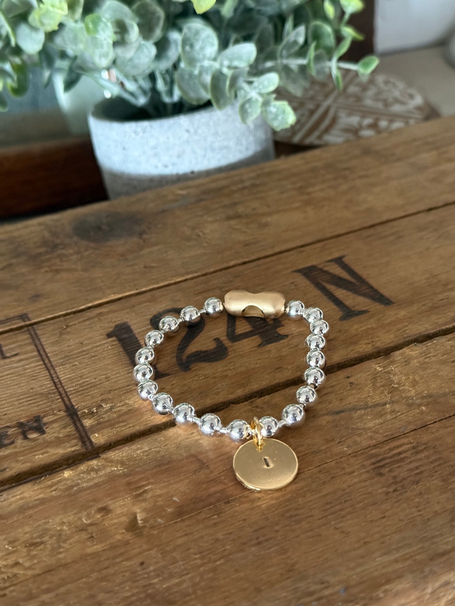 Chunky Stainless Steel Bracelet, Gold clasp with a Hand Stamped Initial Coin Brass Charm FREE SHIPPING