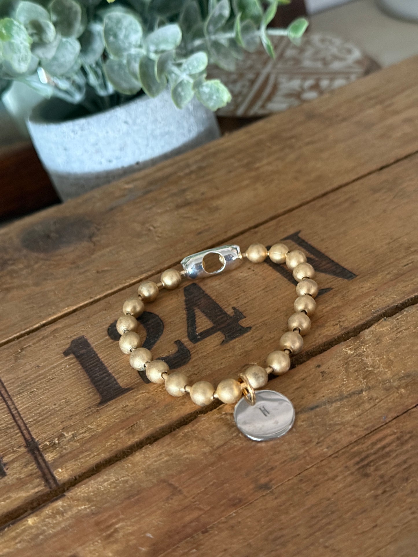 Chunky Stainless Steel (Gold) Bracelet, Gold clasp with a Hand Stamped Initial Coin (Silver) Brass Charm FREE SHIPPING