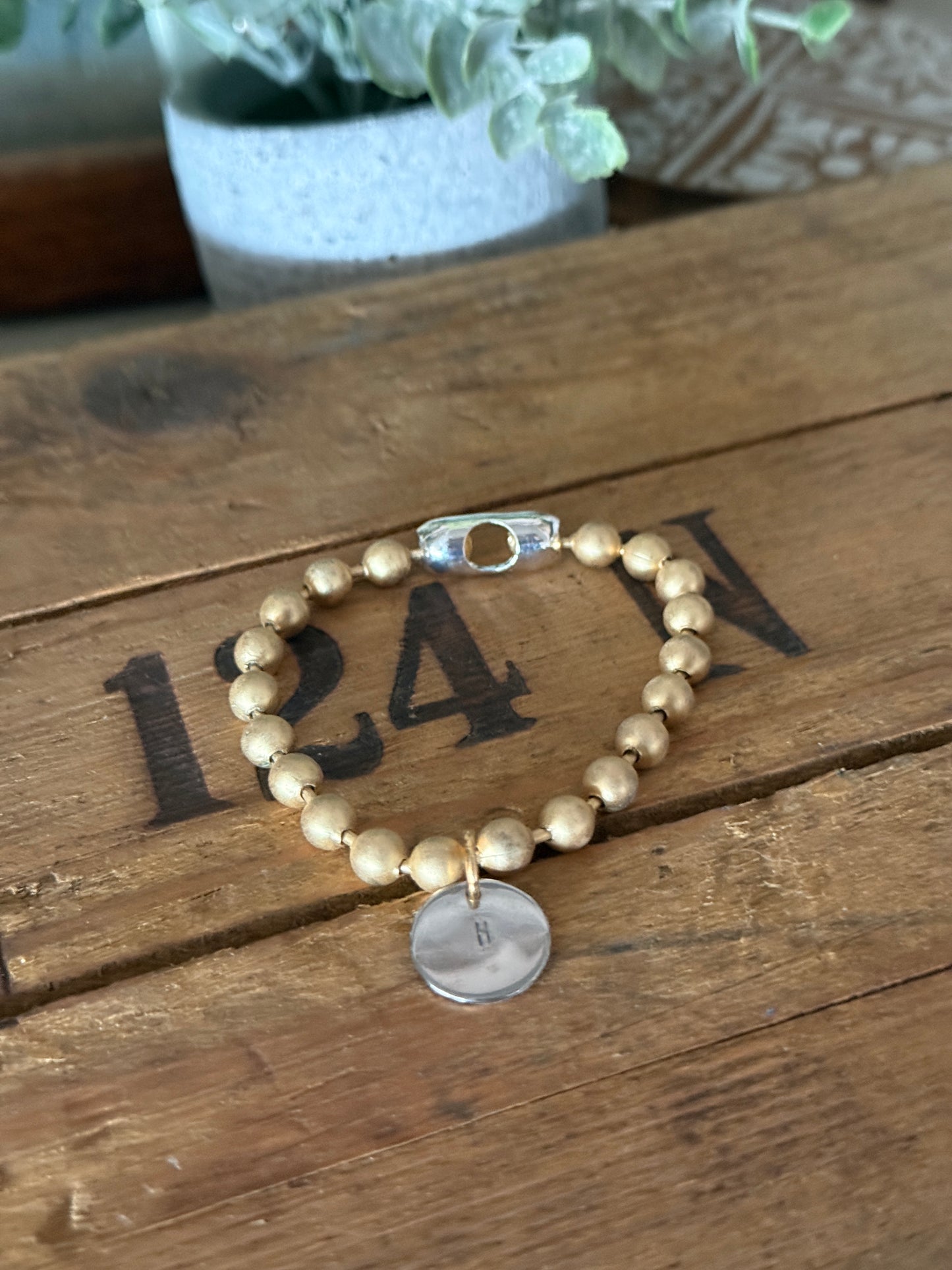 Chunky Stainless Steel (Gold) Bracelet, Gold clasp with a Hand Stamped Initial Coin (Silver) Brass Charm FREE SHIPPING