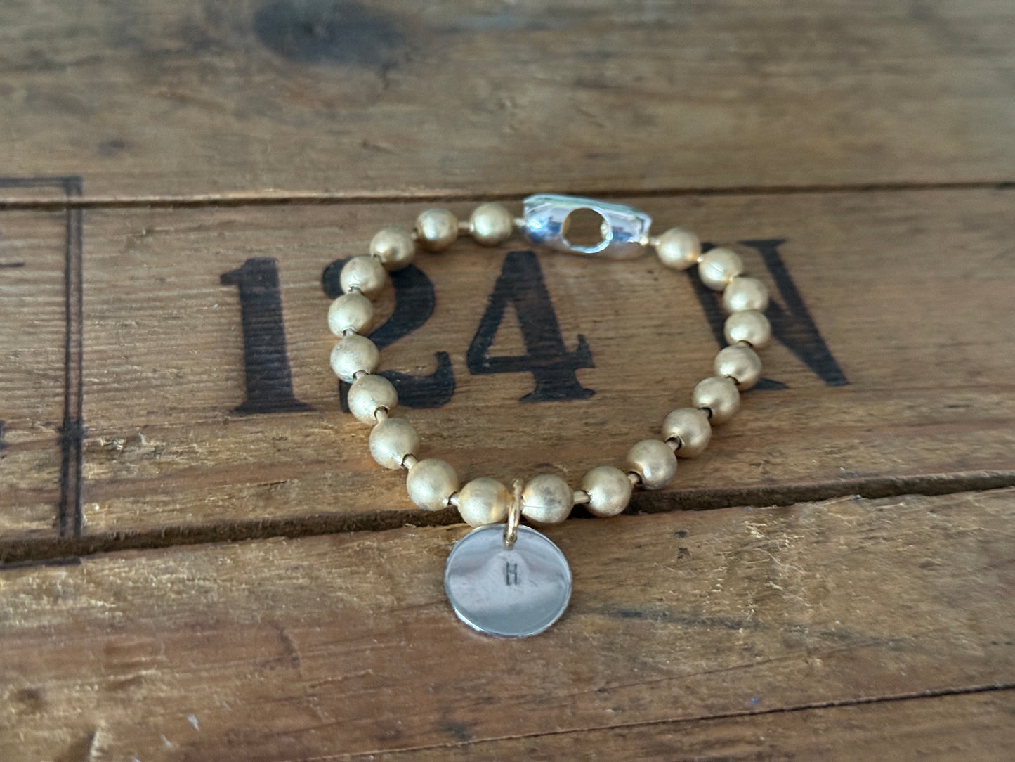 Chunky Stainless Steel (Gold) Bracelet, Gold clasp with a Hand Stamped Initial Coin (Silver) Brass Charm FREE SHIPPING