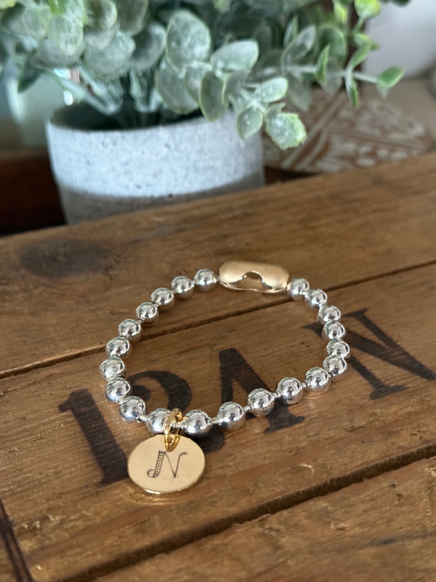 Chunky Stainless Steel Bracelet, Gold clasp with a Hand Stamped FANCY Initial Coin Brass Charm FREE SHIPPING