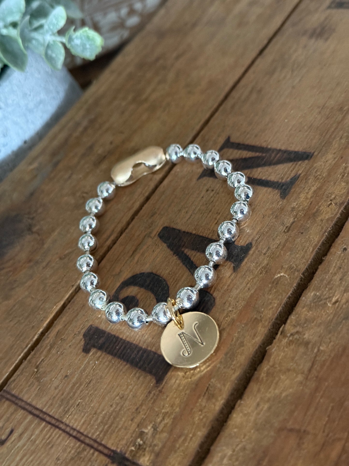 Chunky Stainless Steel Bracelet, Gold clasp with a Hand Stamped FANCY Initial Coin Brass Charm FREE SHIPPING