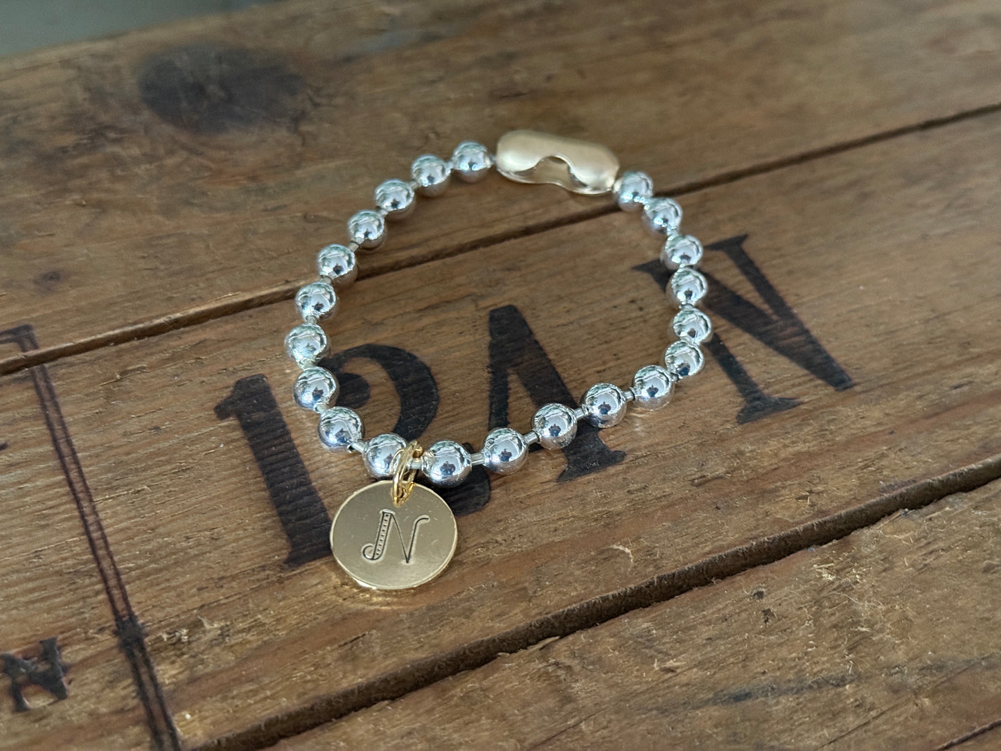 Chunky Stainless Steel Bracelet, Gold clasp with a Hand Stamped FANCY Initial Coin Brass Charm FREE SHIPPING