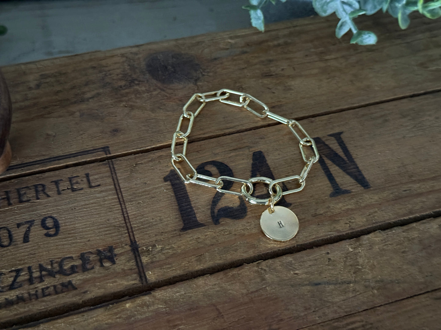 Chunky Stainless Steel (Gold) Bracelet, Gold clasp with a Hand Stamped Initial Coin Brass Charm FREE SHIPPING