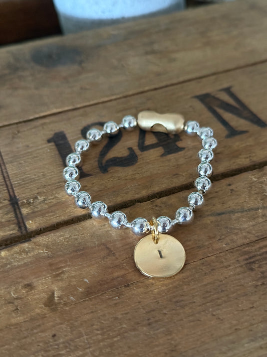Chunky Stainless Steel Bracelet, Gold clasp with a Hand Stamped Initial Coin Brass Charm FREE SHIPPING