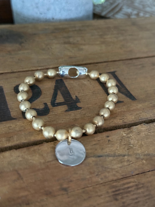 Chunky Stainless Steel (Gold) Bracelet, Gold clasp with a Hand Stamped Initial Coin (Silver) Brass Charm FREE SHIPPING
