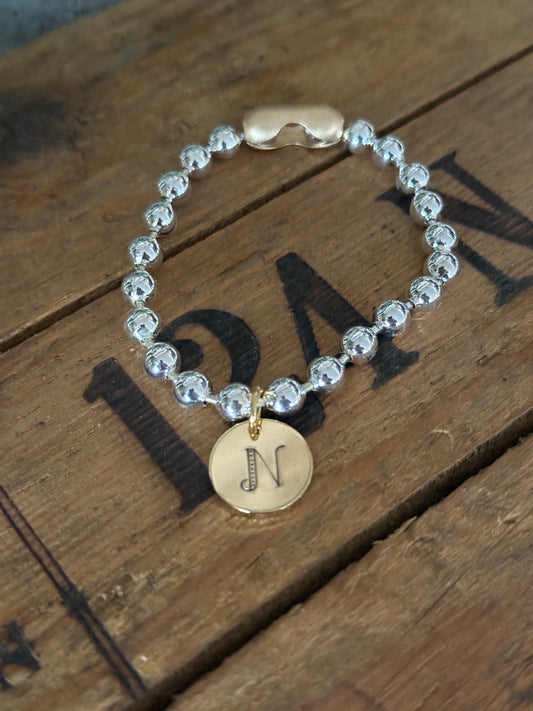 Chunky Stainless Steel Bracelet, Gold clasp with a Hand Stamped FANCY Initial Coin Brass Charm FREE SHIPPING