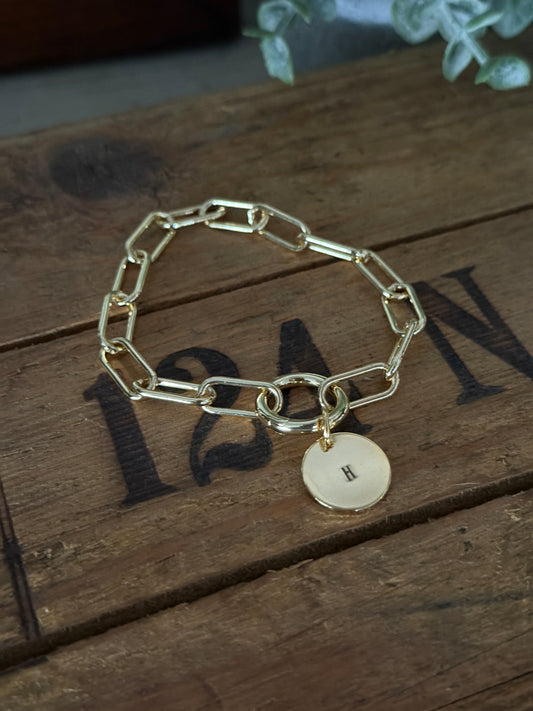 Chunky Stainless Steel (Gold) Bracelet, Gold clasp with a Hand Stamped Initial Coin Brass Charm FREE SHIPPING