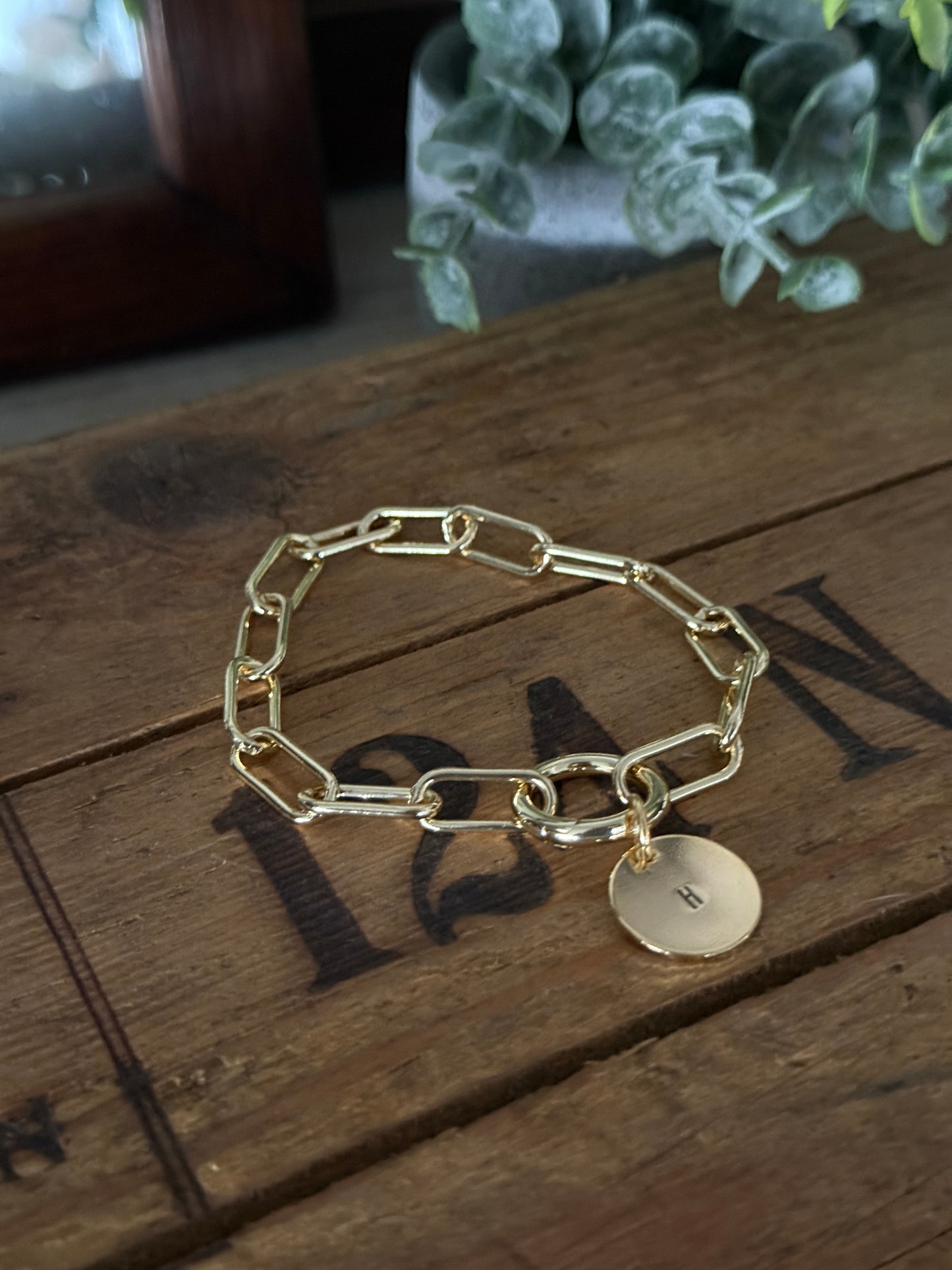 Chunky Stainless Steel (Gold) Bracelet, Gold clasp with a Hand Stamped Initial Coin Brass Charm FREE SHIPPING